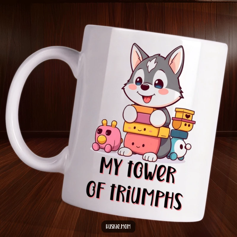 Funny Kawaii Husky Mug: A proud husky balances a colorful toy tower, looking pleased with its accomplishment.