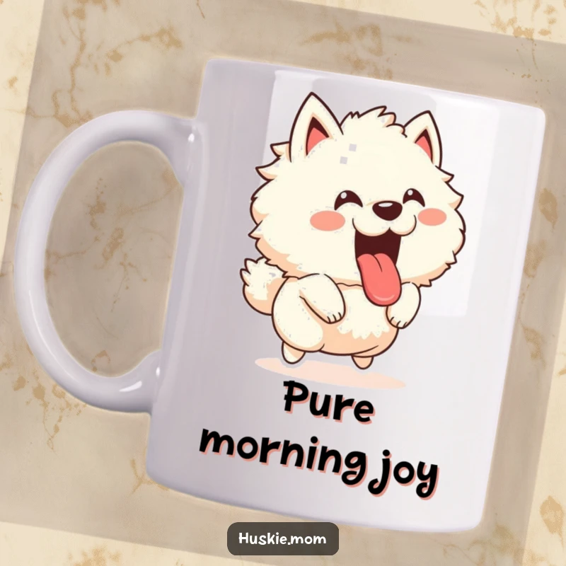 Funny mug featuring a fluffy animal barking joyfully and leaping with its tongue sticking out, full of exuberant energy.