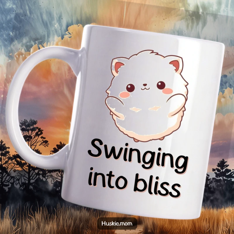 Funny mug featuring a fluffy animal with a beatific smile, gently swinging back and forth in a state of pure bliss.