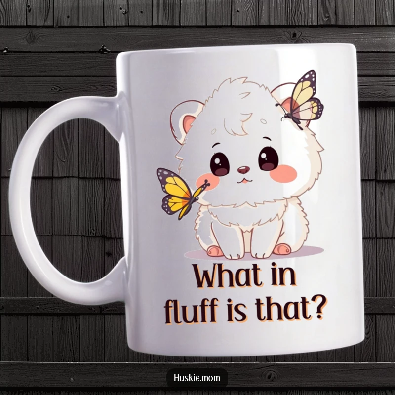 Funny mug with a fluffy animal tilting its head curiously, mesmerized by a delicate butterfly fluttering nearby, evoking wonder and innocence.