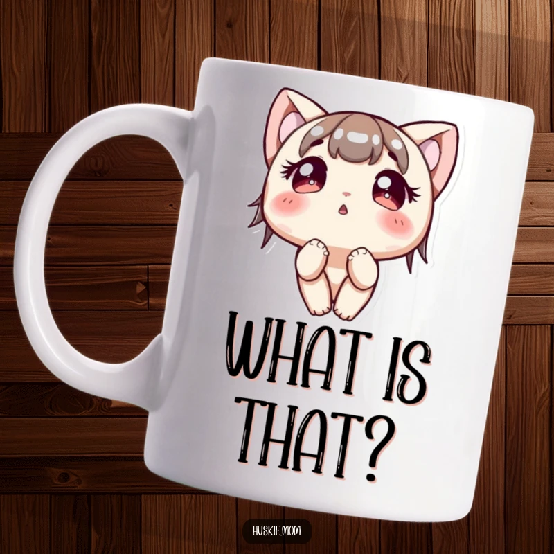 Funny Mug: A character with large, bright, curious eyes looks upwards with an expression of wonder and intrigue.
