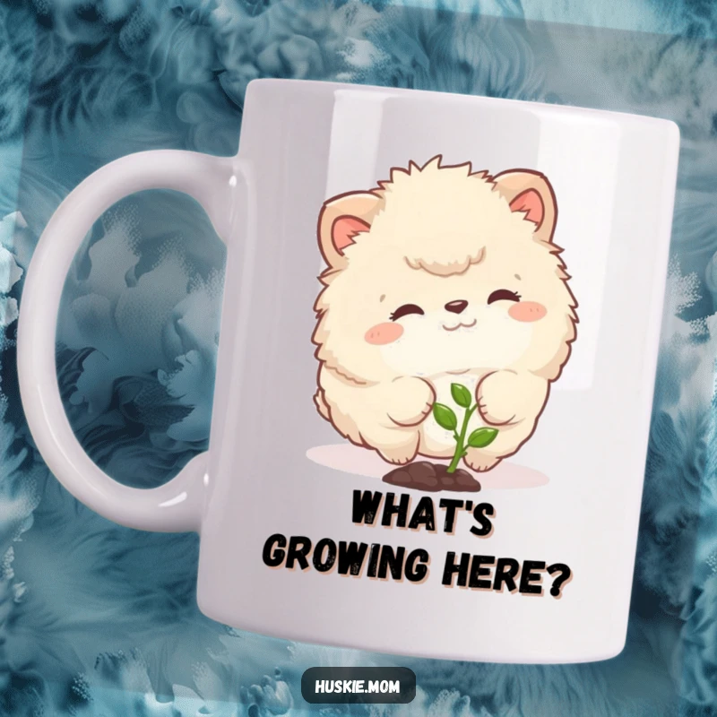 Funny mug featuring a fluffy animal with a curious expression gently nudging a tiny green sprout, symbolizing new growth.