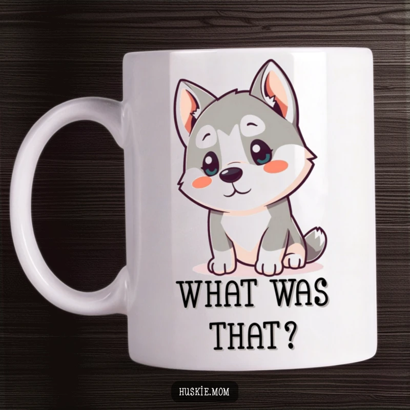 Funny Kawaii Husky Mug: A curious husky tilts its head, listening intently with sparkling eyes, showing funny attentiveness.