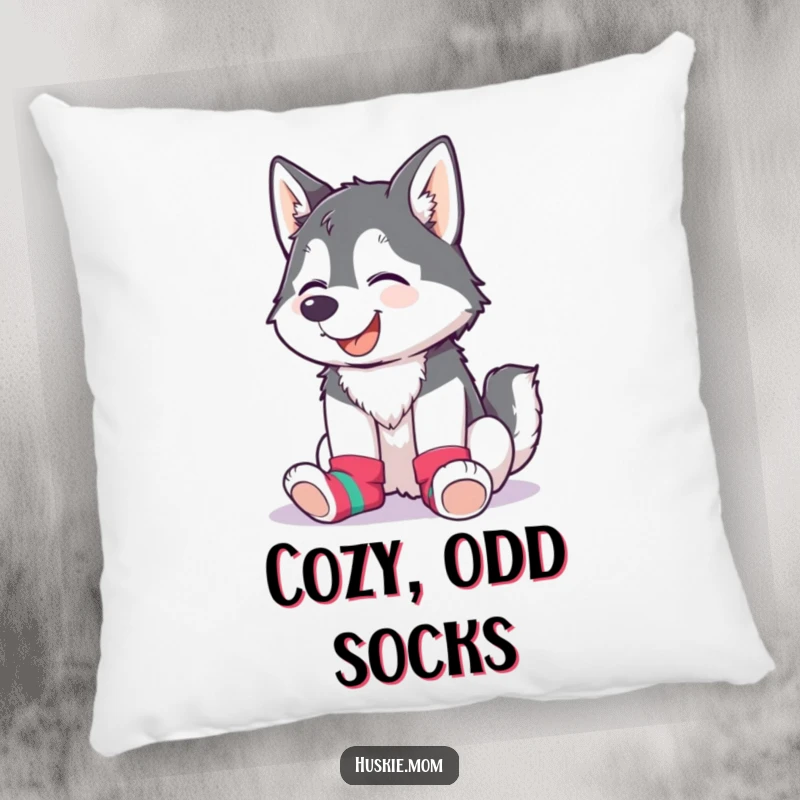 Funny Husky Lady Pillow featuring a giggling husky wearing mismatched colorful socks, adding humor to decor.