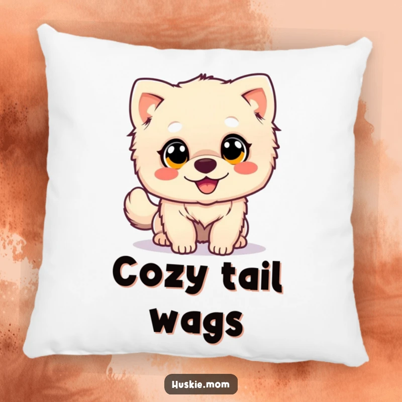 Happy Wagging Dog Pillow: A fluffy dog with big eyes wags its tail happily, a soft and humorous decorative pillow.