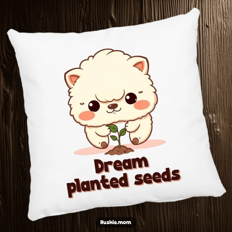 Funny pillow showcasing a fluffy animal with a determined expression planting a seed, offering comfort and motivation.
