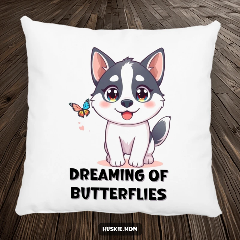 Funny Kawaii Husky Pillow: A soft pillow showcasing a cute husky playfully chasing a butterfly.