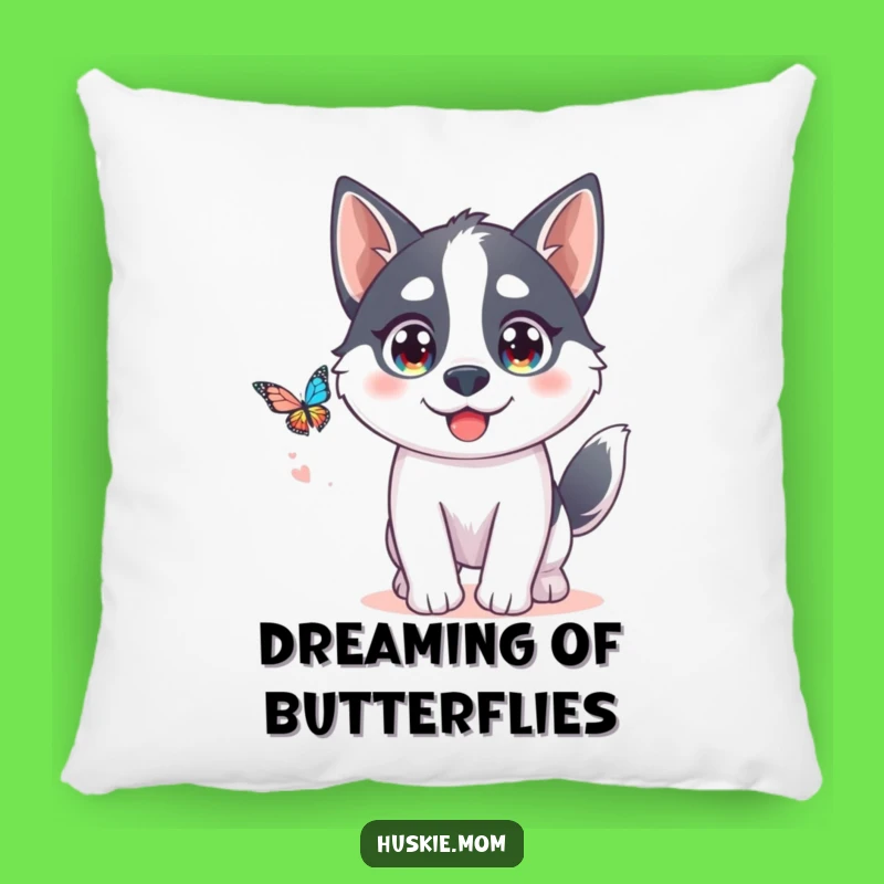 Comfy Funny Kawaii Husky Pillow: Butterfly Chase Accent!