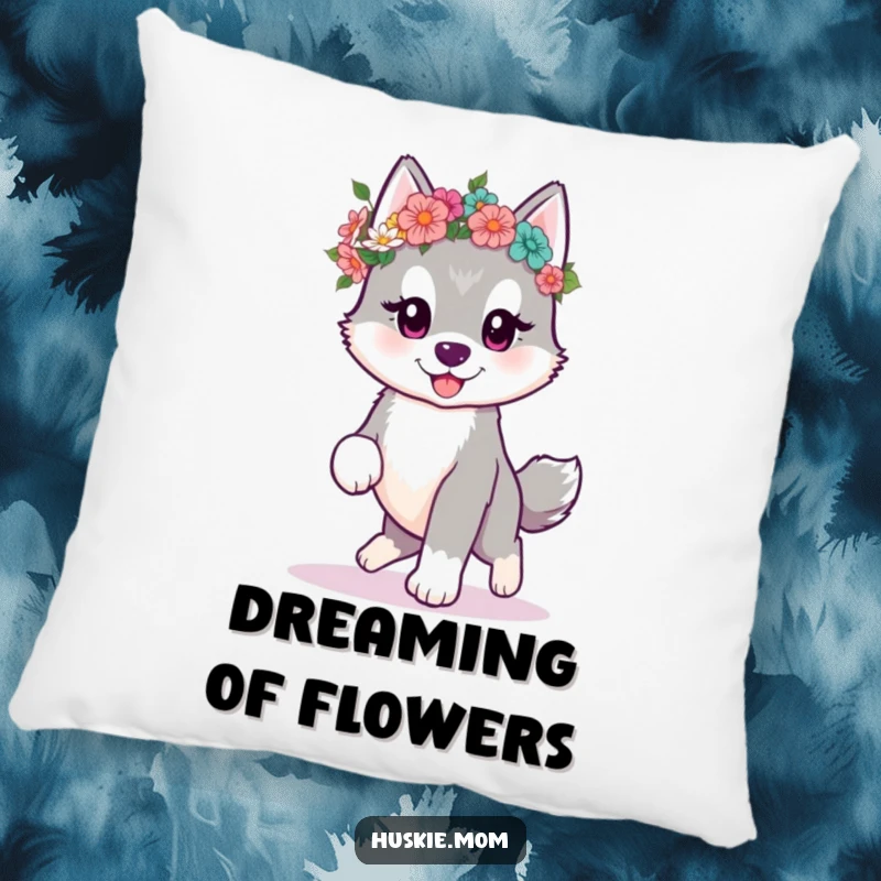 Funny kawaii husky puppy prancing with a flower crown on a decorative pillow, offering cozy cuteness.