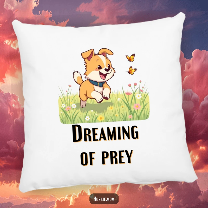 Funny dog excitedly chasing a fluttering butterfly in a meadow on a decorative pillow, bringing energy indoors.