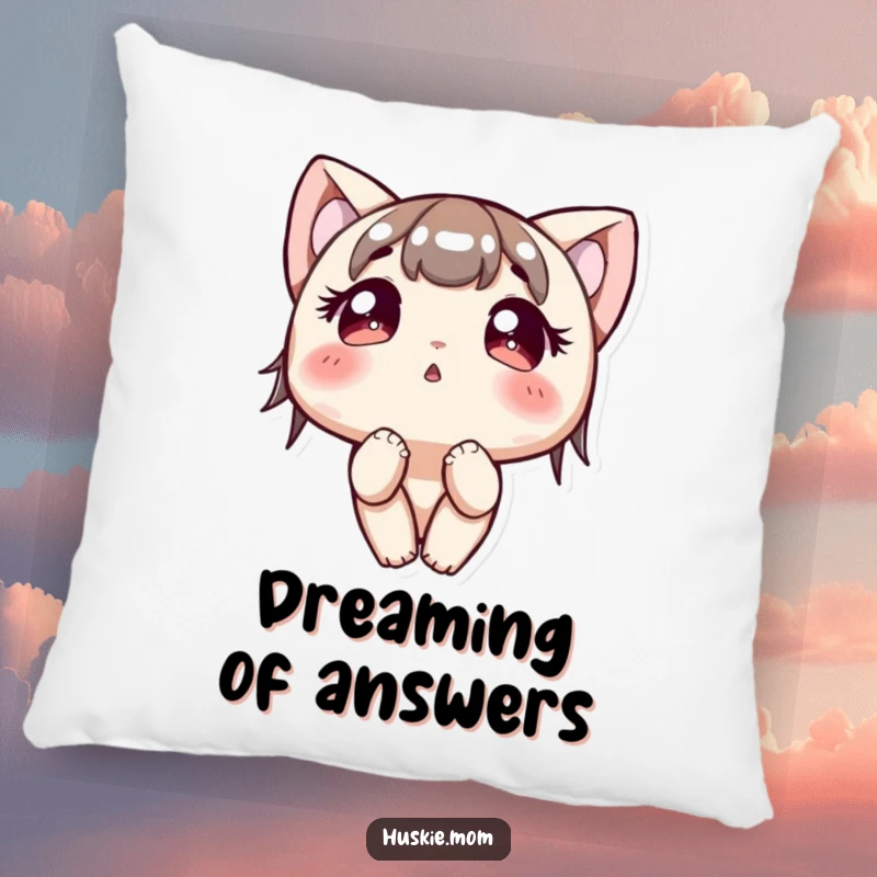 Funny Pillow: A soft pillow featuring a character with large, bright, curious eyes looking upwards with innocent fascination.