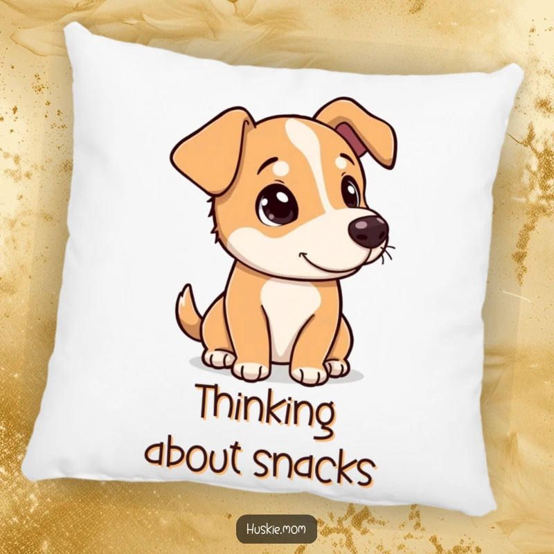 Funny dog tilting its head with a curious, playful look on a decorative pillow, offering cozy charm.