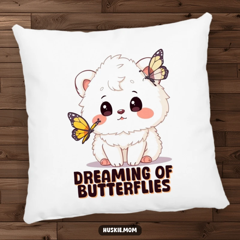 Funny fluffy animal pillow with a curious head tilt watching a butterfly, offering comfort and whimsical decor for any room.