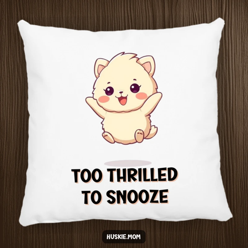 Funny fluffy animal pillow jumping with a cheerful expression, offering comfort and a burst of happiness to any room.