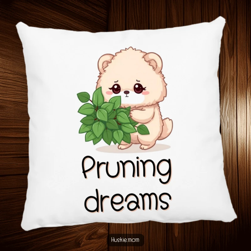 Funny pillow showcasing a fluffy animal intensely pruning a leafy bush, adding a humorous touch to any cozy nook.