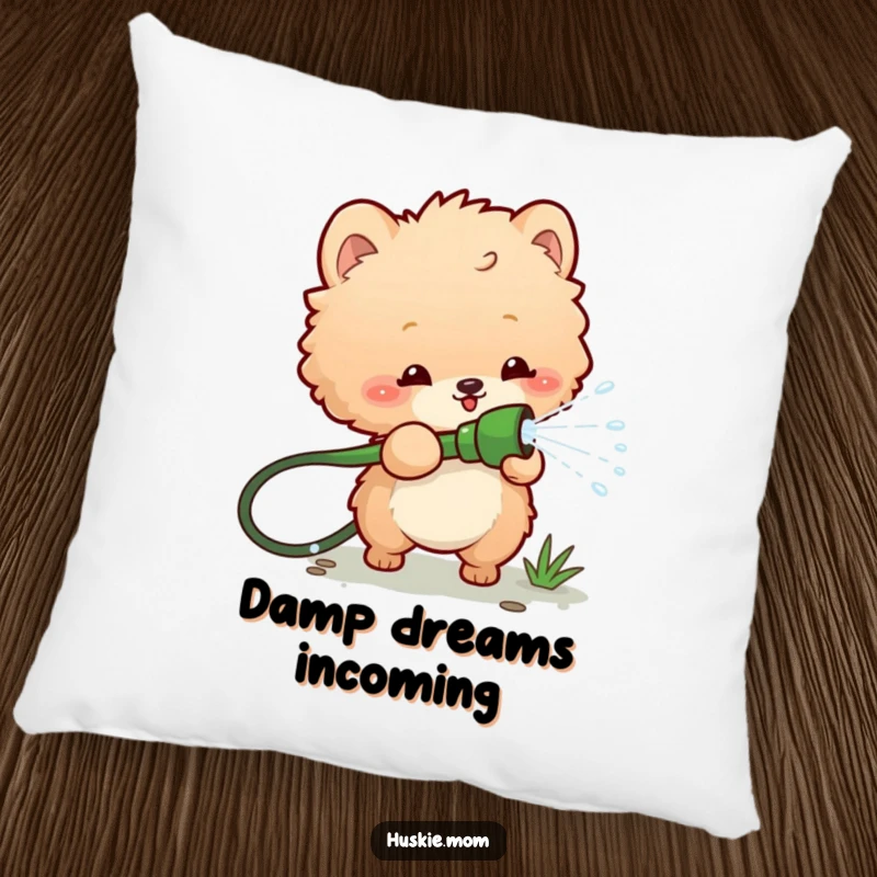 Funny pillow showcasing a fluffy animal playfully spraying water from a garden hose, designed for comfort and adding a splash of humorous fun.