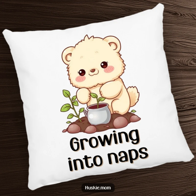 Funny Pillow: A fluffy animal with rosy cheeks gently watering a sprouting plant, offering comfort and nature's charm.