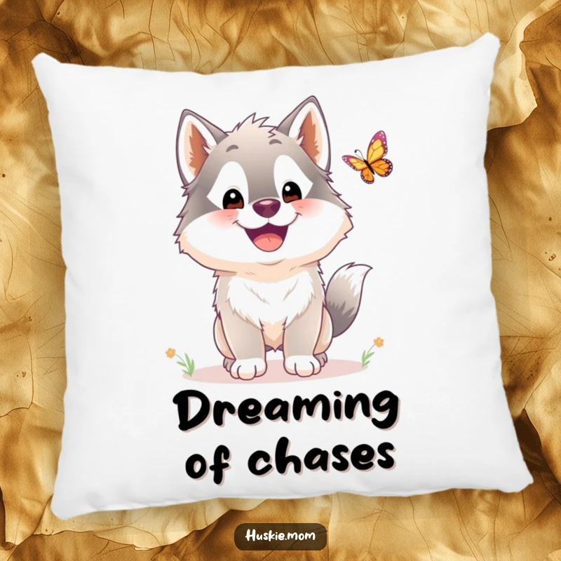 Funny Husky Pillow: A fluffy husky with a joyful smile playfully chases a butterfly across a soft, decorative pillow.