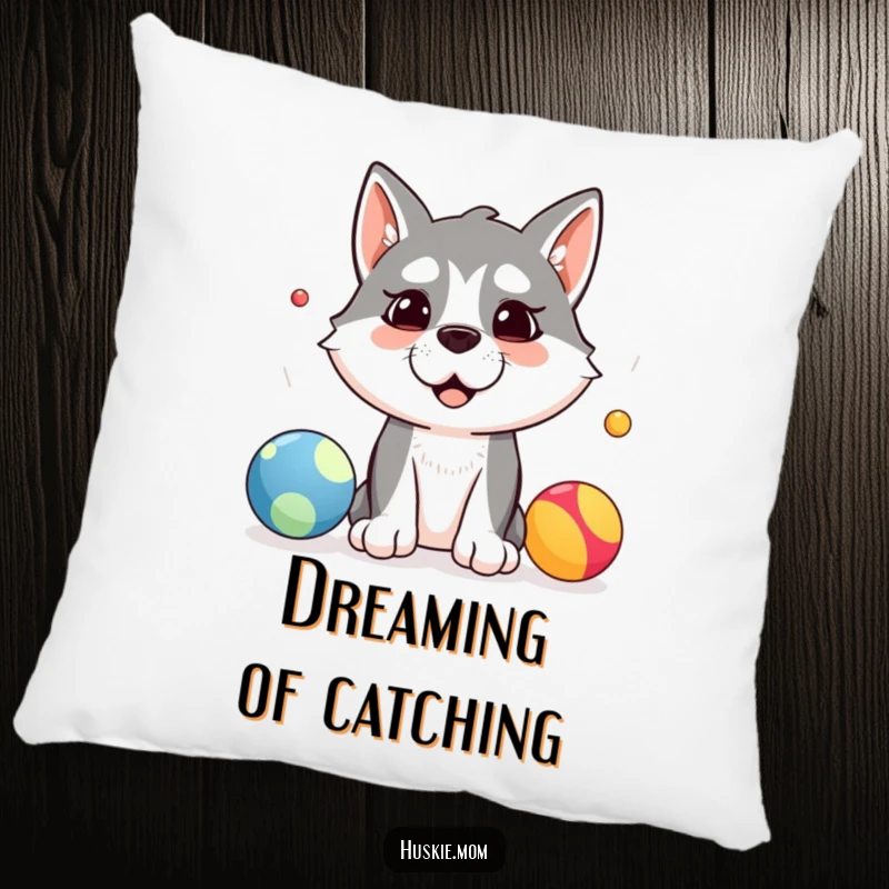 Funny pillow with a silly husky dog attempting to juggle three colorful balls, offering comfort and dog-inspired humor.