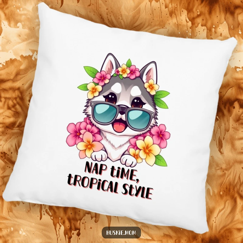 Funny Husky Lady Pillow featuring a husky wearing sunglasses and a lei, adding a splash of humor to any seating area.