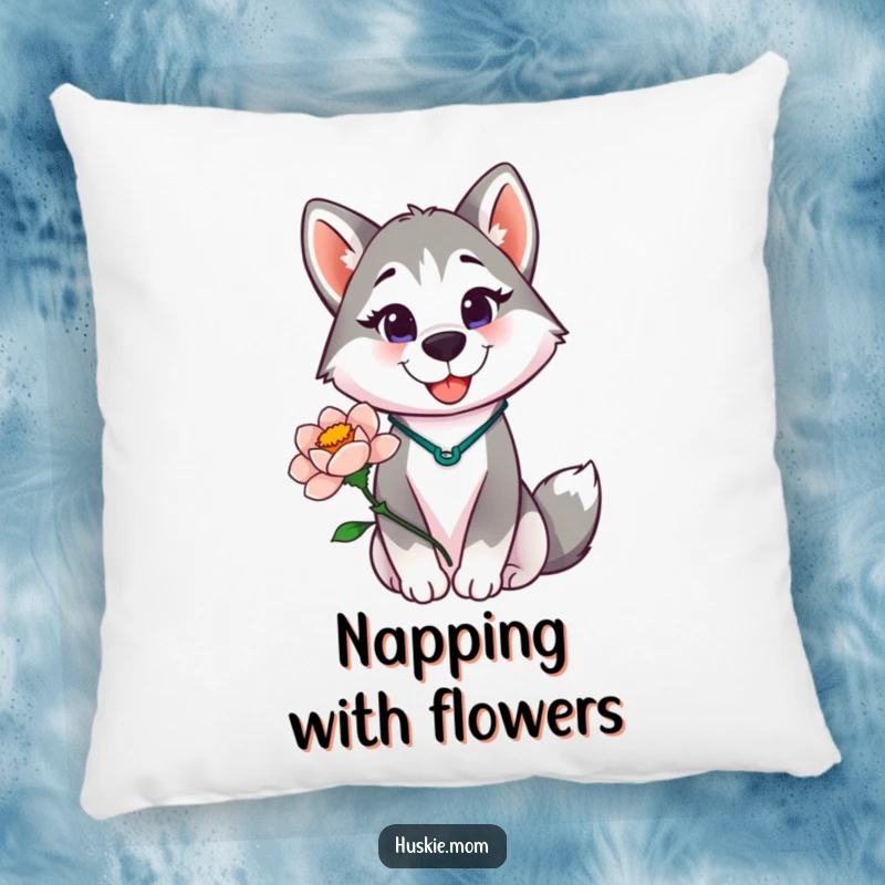 Funny Husky Lady Pillow, soft and plush, showcasing a proud husky lady holding a blooming flower, perfect for adding humor.