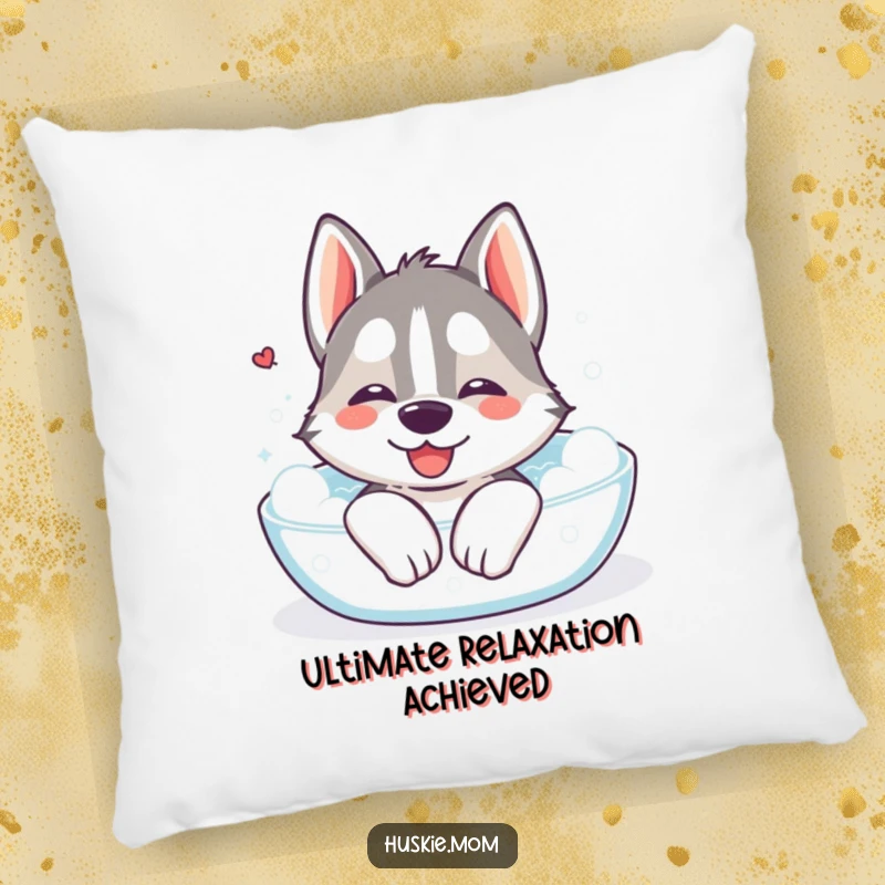 Funny Kawaii Husky Pillow: A soft pillow showcasing a cute Husky sighing happily in a bubble bath, symbolizing peace and comfort.