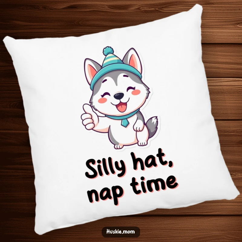 Funny Kawaii Husky Pillow: A soft pillow showcasing a cute Husky in a silly hat, giving a thumbs up, symbolizing happiness.