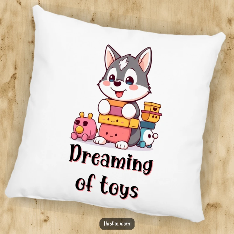 Funny Kawaii Husky Pillow: A content husky sits proudly, balancing an impressive stack of toys with a goofy grin.