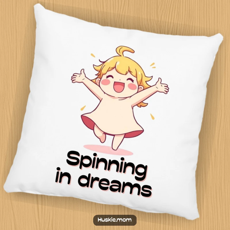 Funny Pillow: A soft pillow featuring a character joyfully spinning with arms thrown wide, embodying pure happiness.