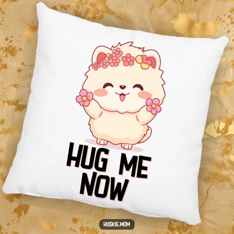 Funny fluffy animal with flowers in fur, warm inviting gesture, cute accent pillow, soft and cozy home decor.