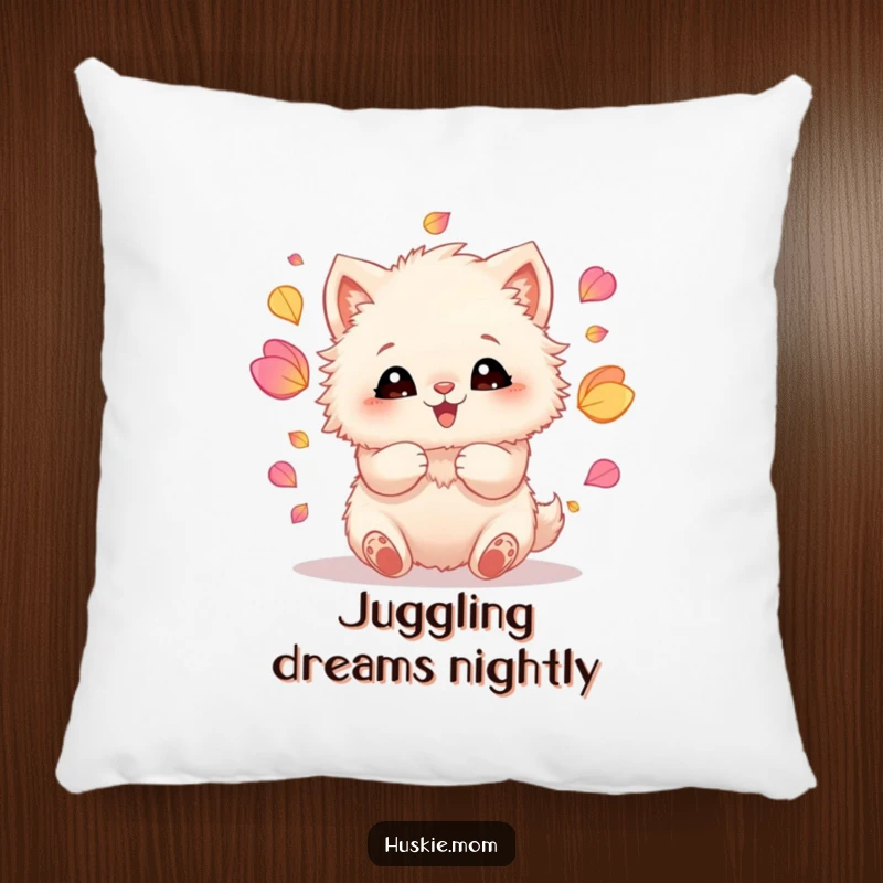 Funny pillow featuring a fluffy animal with gleeful eyes, enthusiastically juggling colorful petals with its paws in a playful pose.
