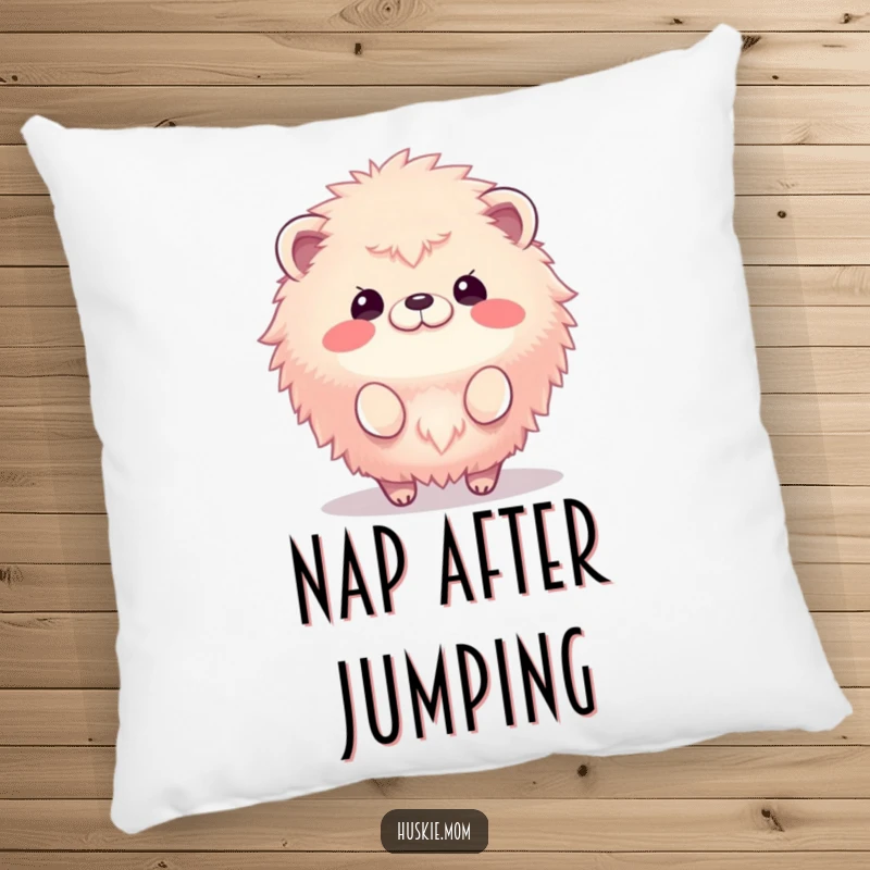 Funny pillow showcasing a fluffy animal in a dynamic bounce, offering a soft and humorous decorative accent.