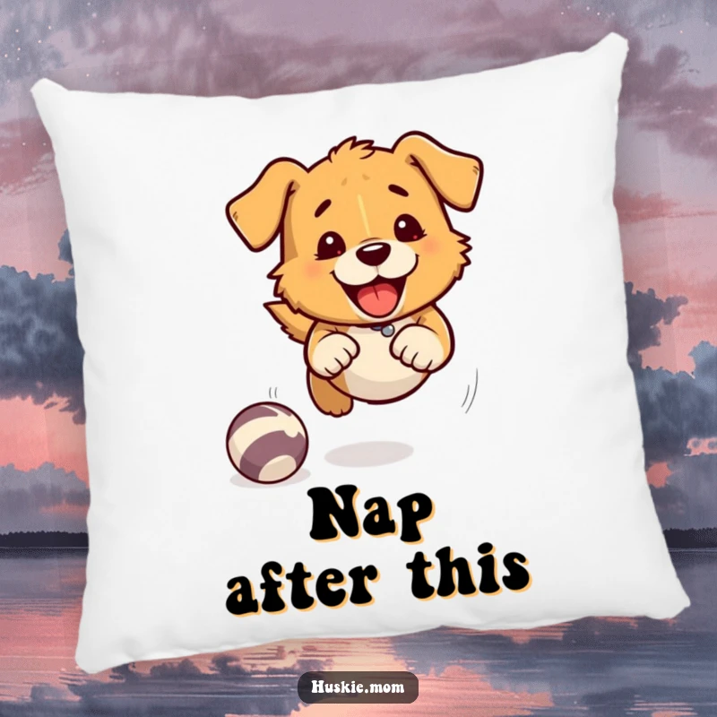 Fast Chasing Dog Pillow: A dog playfully chases a ball with speed lines, a soft and humorous decorative pillow.