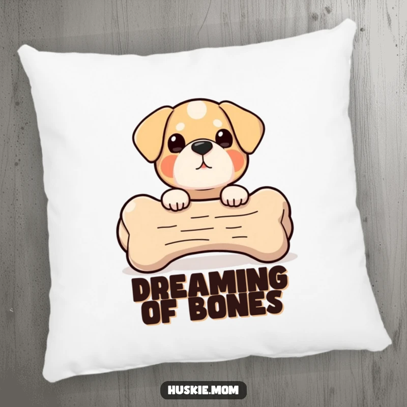 Peek-a-Boo Bone Dog Pillow: A small, round dog hides behind a giant bone, playfully peeking out, a soft and humorous pillow.