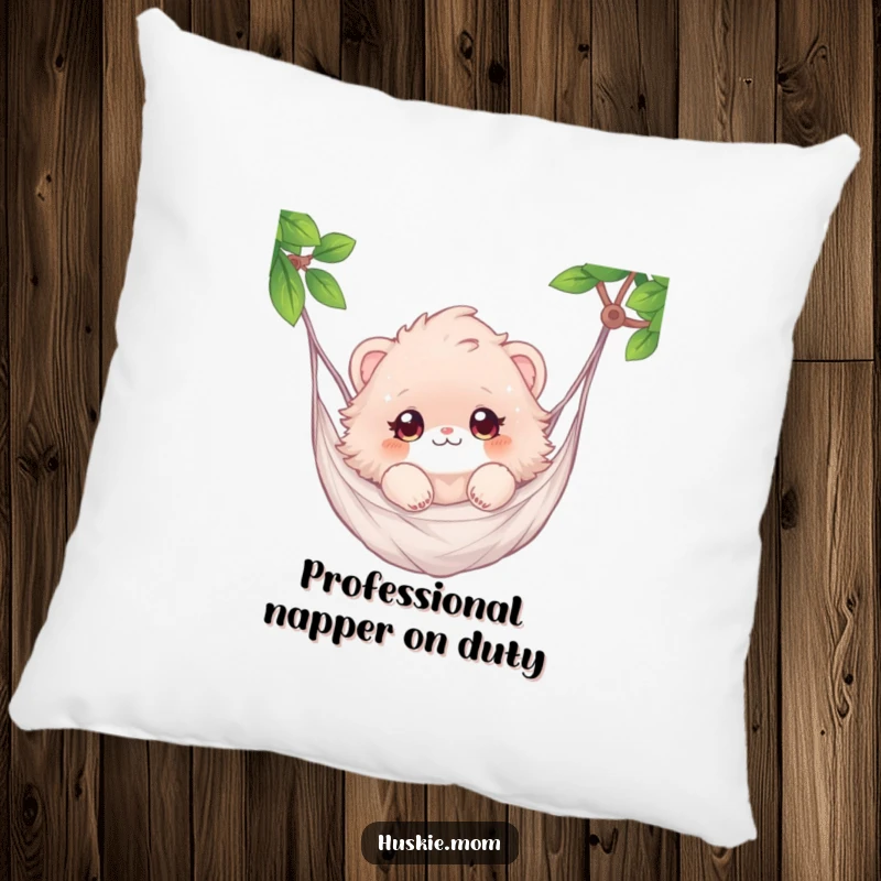 Funny pillow with a fluffy animal with sparkling eyes enjoying a gentle sway in a hammock, offering comfort and charm.