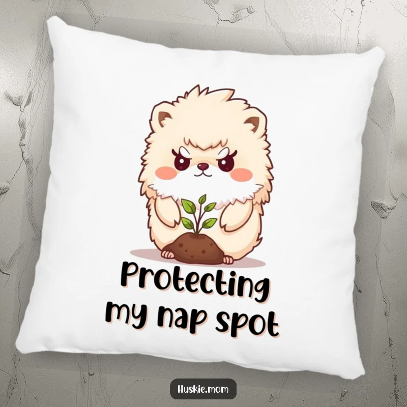 Funny Pillow featuring a fluffy animal determinedly shielding a small seedling, offering comfort and a humorous message.