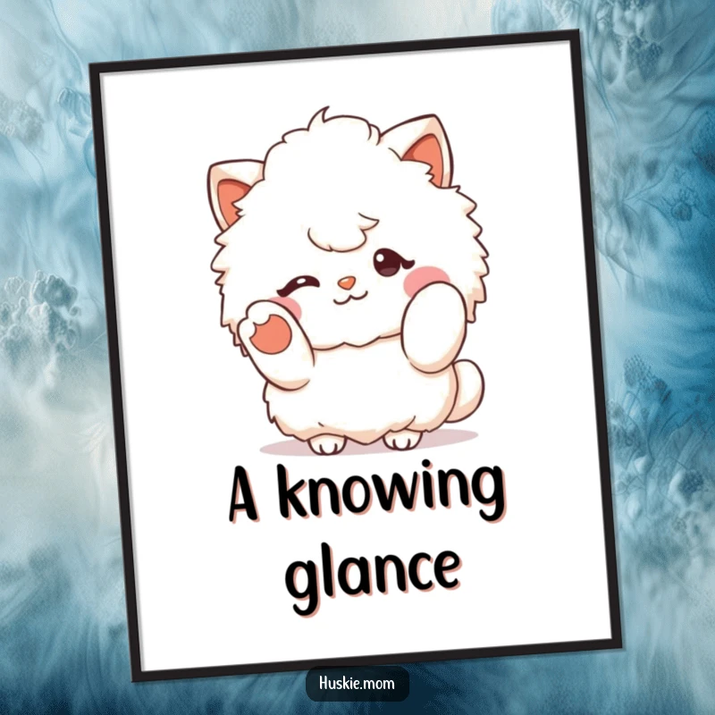 Funny fluffy character winking and gesturing with a paw, presented as cute and humorous digital art for cheerful decor.