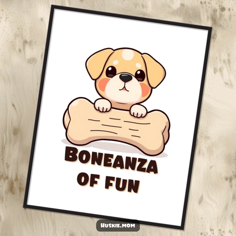 Peek-a-Boo Bone Dog Digital Art: A high-resolution image of a small, round dog playfully peeking from behind a huge bone.