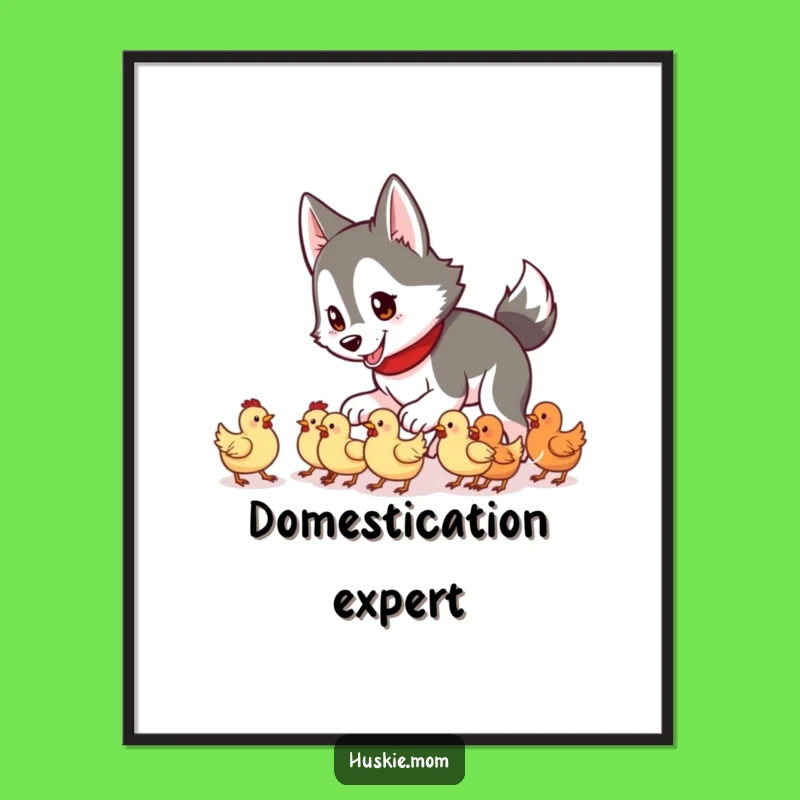 Funny Husky Lady Chicken Herding Digital Art: Cute Chaos, Instant Farm Decor