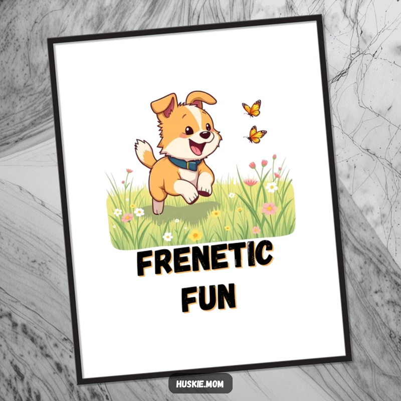 Funny dog excitedly chasing a small butterfly in a meadow, available as a vibrant digital art print.