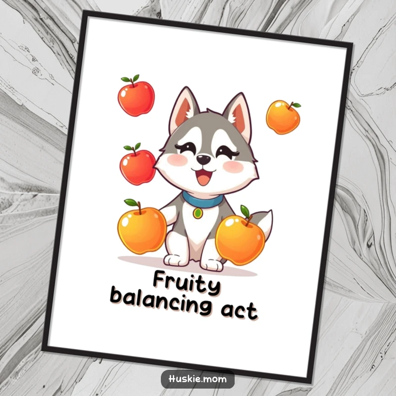 Funny digital art print of a Husky lady animal comically attempting to juggle three shiny apples.