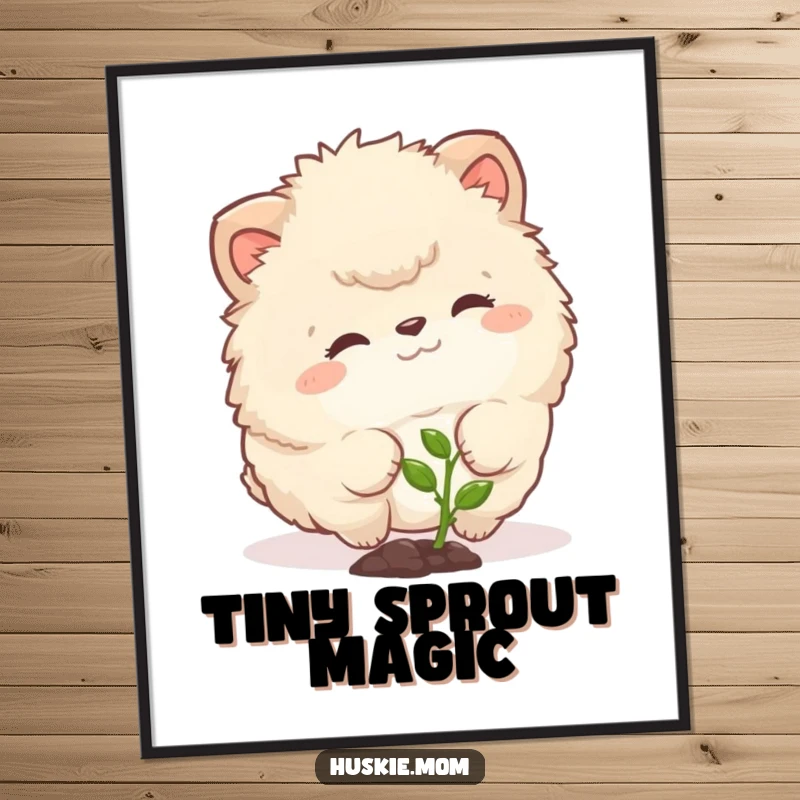 Funny digital art print of a fluffy animal with a curious expression nudging a tiny sprout, instant downloadable gentle art.