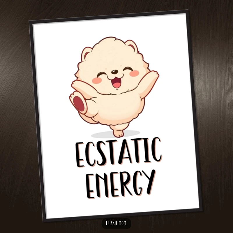 Funny fluffy animal digital art print of a creature with a gleeful expression, joyfully kicking its legs in a comical celebration.