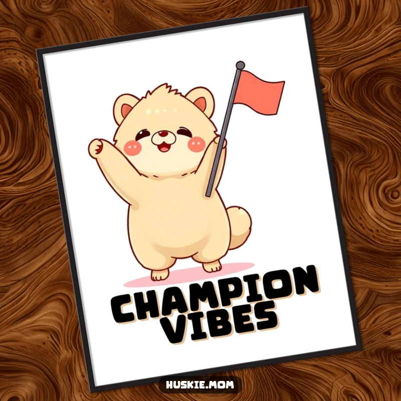 Funny fluffy animal standing tall, waving a small flag, energetic digital art print, instant victory decor.