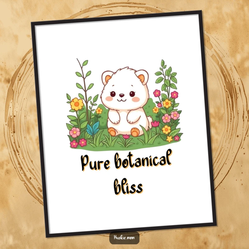 Funny digital art print of a blissfully happy fluffy animal surveying a lush, colorful garden, ready for wall display.