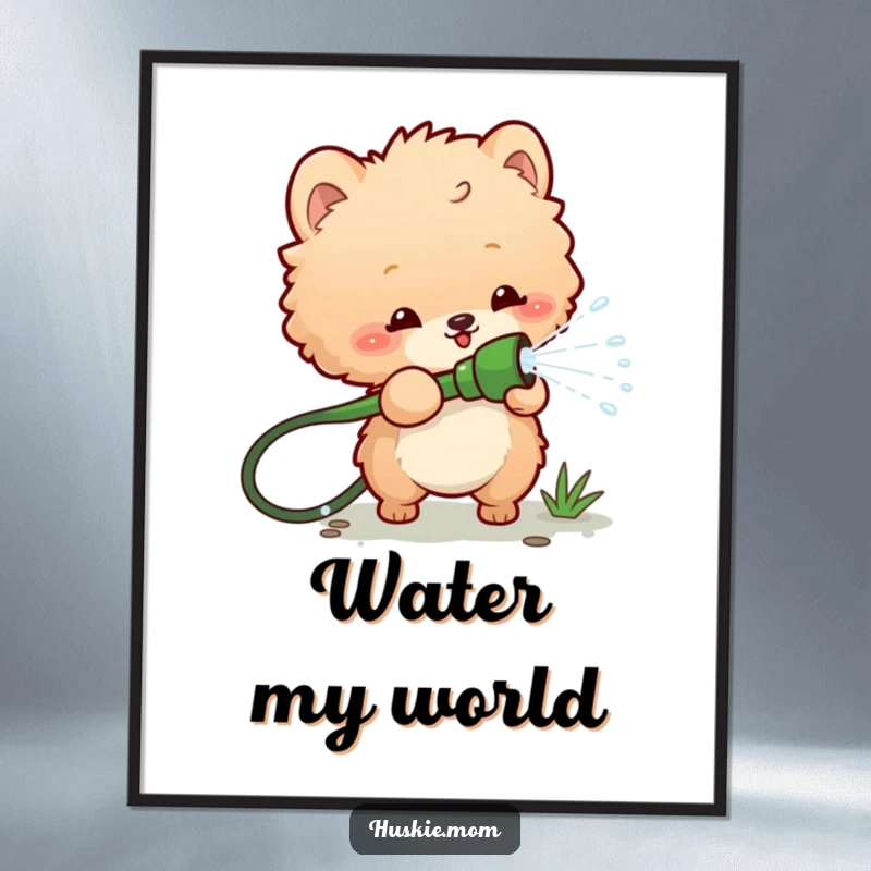 Funny digital art print of a fluffy animal playfully spraying water from a garden hose, perfect for creating instant playful and humorous wall decor.