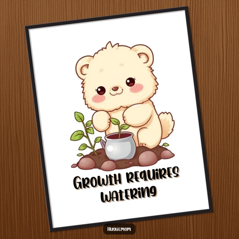 Funny Digital Art Print: A fluffy animal with rosy cheeks watering a sprouting plant, perfect for nature-themed decor.