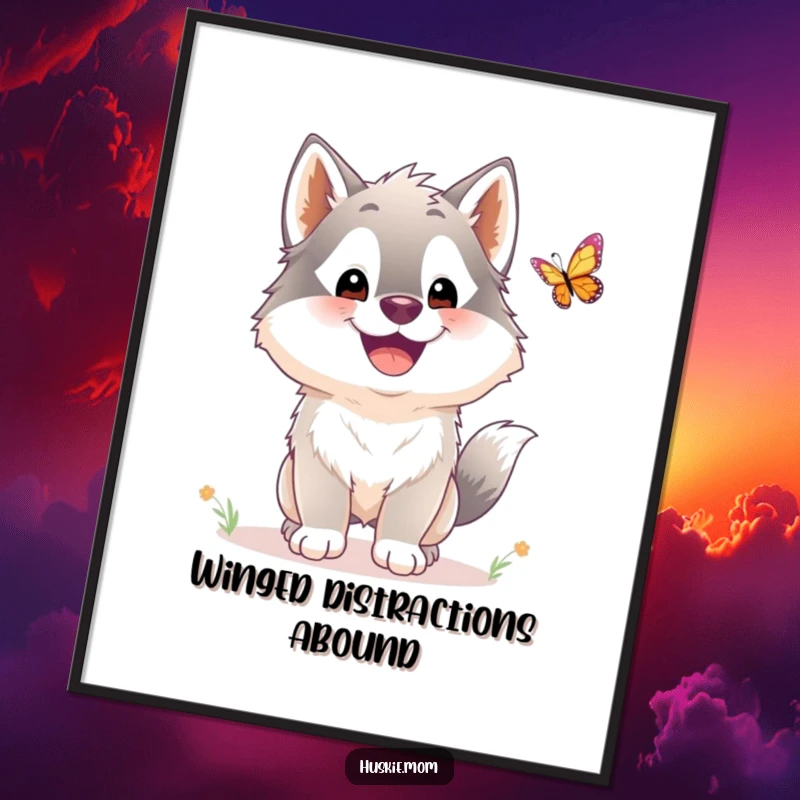 Funny Husky Digital Art Print: A fluffy husky with a wide smile energetically chases a butterfly, a vibrant and humorous artwork.