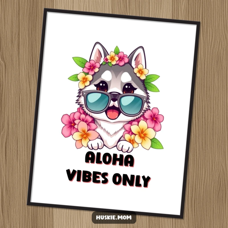 Funny Husky Lady Digital Art Print of a husky in sunglasses and a lei, perfect for instant, humorous wall decor.