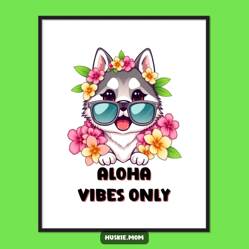 Funny Husky Lady Digital Art: Cool Sunglasses & Lei, Instant Hilarious Decor